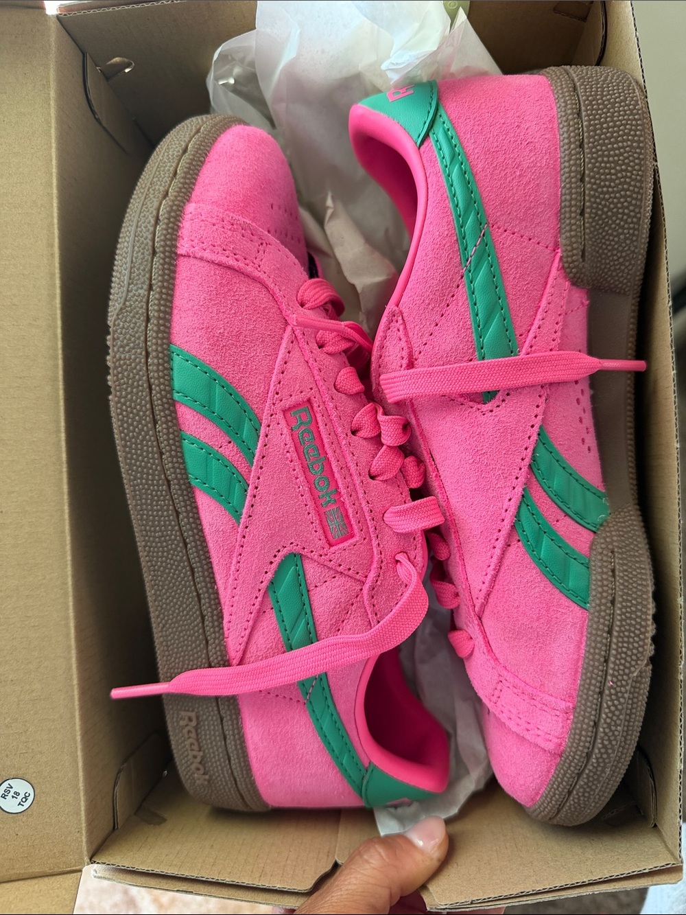 Reebok Pink Suede Sneakers with Teal Stripes
